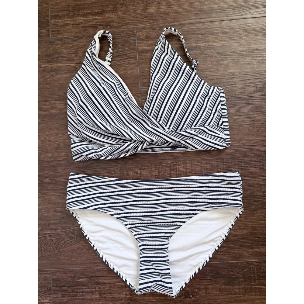 Niptuck Swim Navy White Striped Wrap Bikini Set Size 8 Textured Seersucker